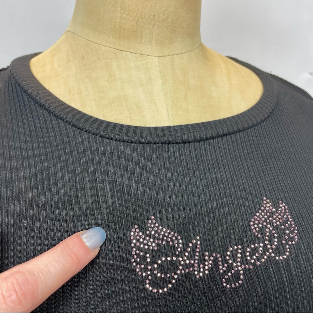 Perfectly Angel Top LG Black Rhinestone Y2K Bling Tee Angelcore Baby Black Glam - Picture 8 of 10
